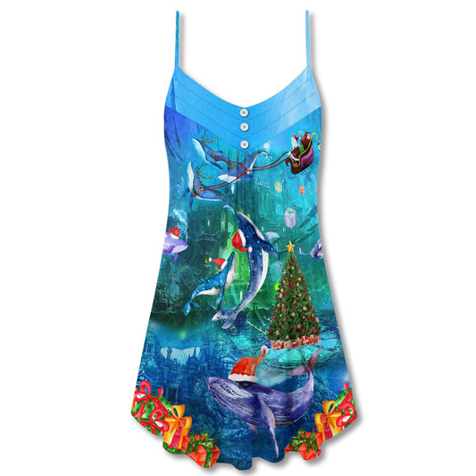 Christmas Whales Under The Sea V-Neck Sleeveless Cami Dress For Festive Events And Casual Summer Styling