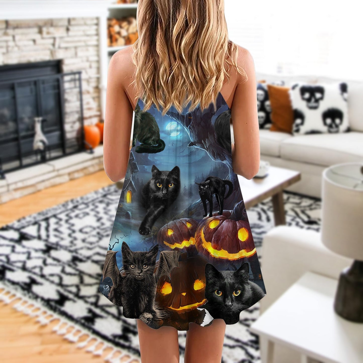 Halloween Black Cat Dark Night V-Neck Sleeveless Cami Dress For Festivals Travel And Relaxed Casual Summer Wear