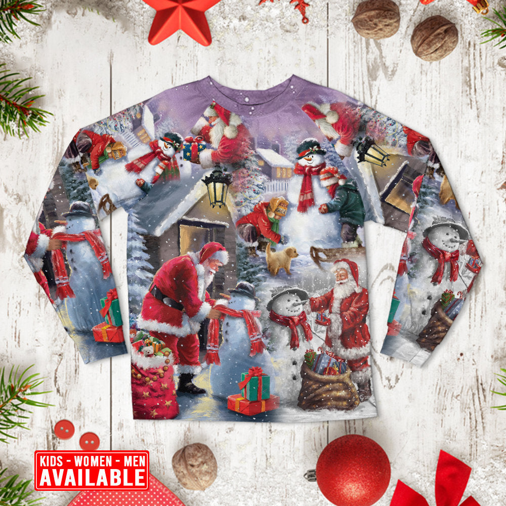 Santa Building A Snowman Gift Long Sleeve Pajamas Set For Holiday Travel And Comfortable Home Wear