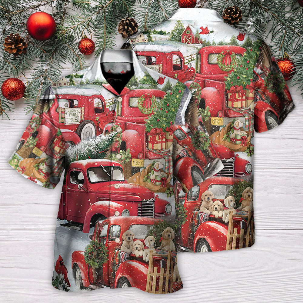 Christmas Truck Tree Puppy Hawaiian Shirt Summer Design Detail For Casual Outings