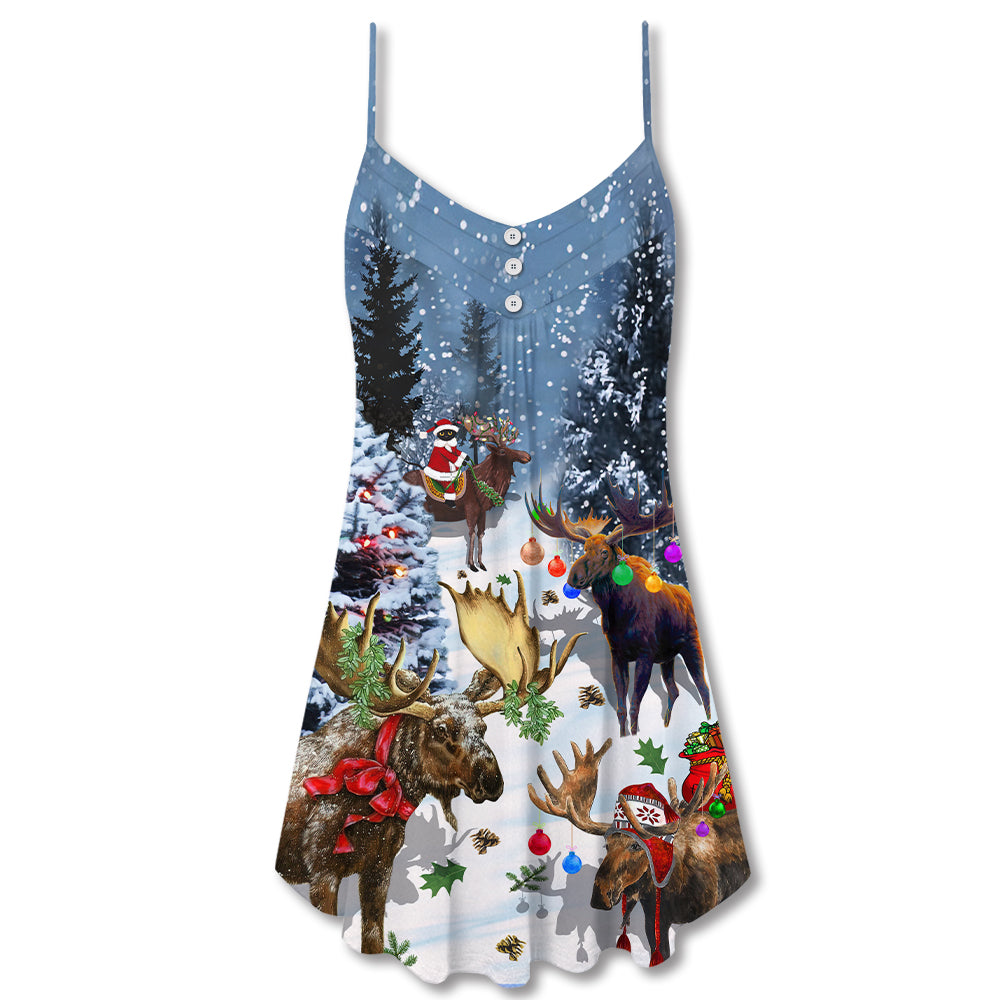 Christmas Moose Snow Holiday V-Neck Sleeveless Cami Dress For Festivals Travel And Relaxed Casual Summer Wear