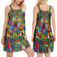 Hippie Music Electric Guitar V-Neck Sleeveless Cami Dress For Vacations And Artistic Everyday Fashion