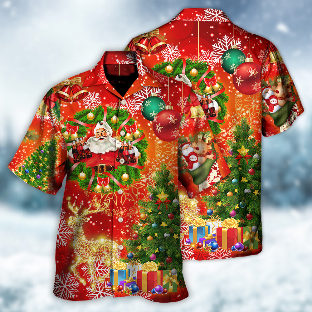 Red Christmas Drinking Tree Light Hawaiian Shirt Design Detail For Beach Days And Holiday Travel