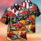 Vintage Independence Red Car Hawaiian Shirt Collar And Front View For Vacation Style