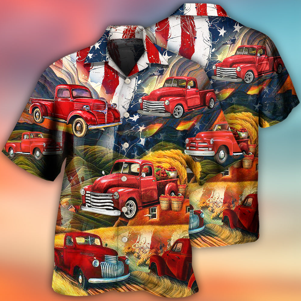 Vintage Independence Red Car Hawaiian Shirt Collar And Front View For Vacation Style