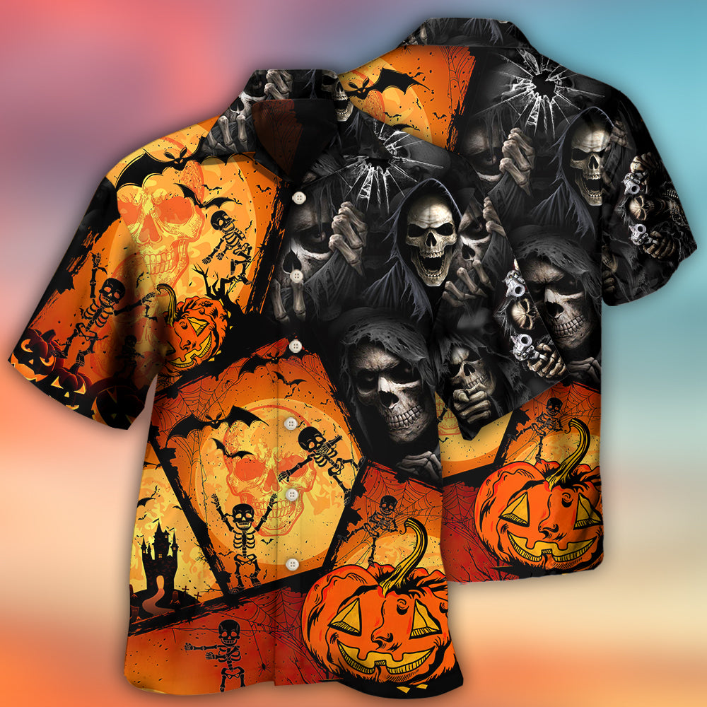 Spooky Skull Halloween Pumpkin Hawaiian Shirt Design View For Resort Travel And Thoughtful Gifting