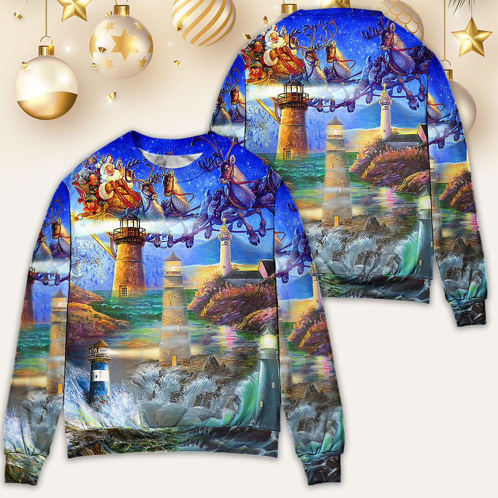 Lighthouse Christmas Santa Shine Like A Light Sweater For Seasonal Parties Cozy Gatherings And Thoughtful Holiday Gifts
