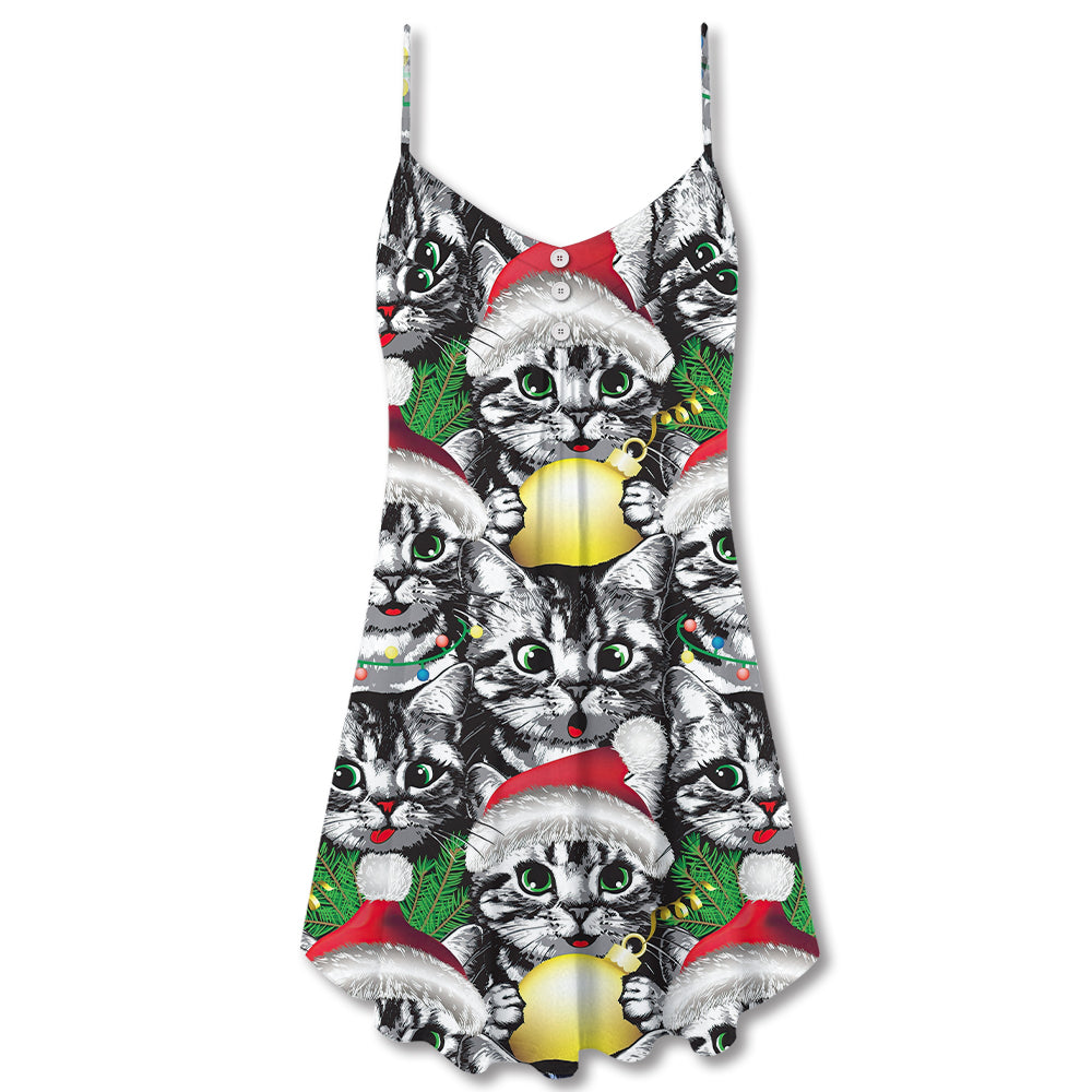Christmas Meowy Cat Lover V-Neck Sleeveless Cami Dress For Festive Gatherings Travel And Casual Holiday Styling