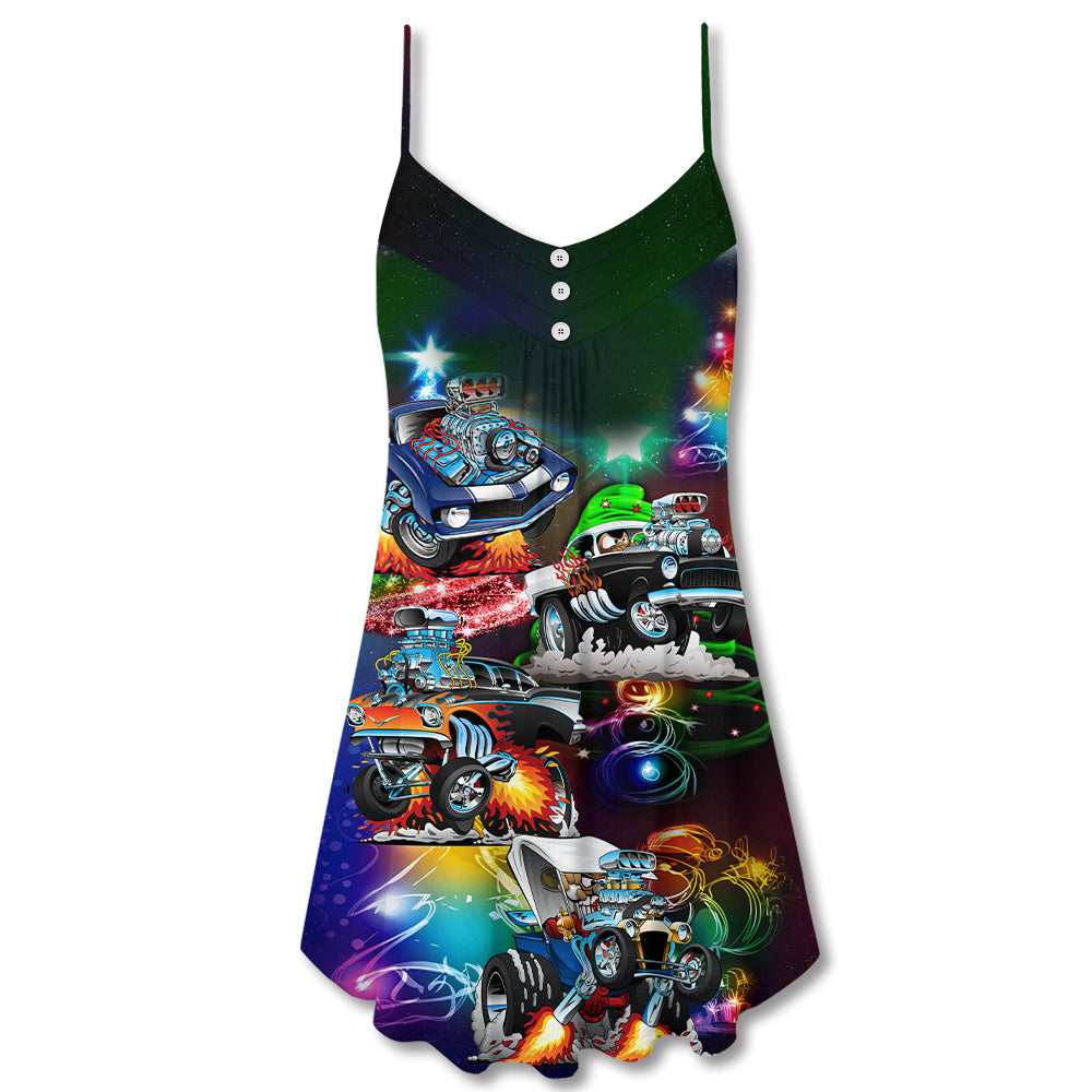 Christmas Neon Car Holiday V-Neck Sleeveless Cami Dress For Festive Gatherings Travel And Casual Holiday Styling