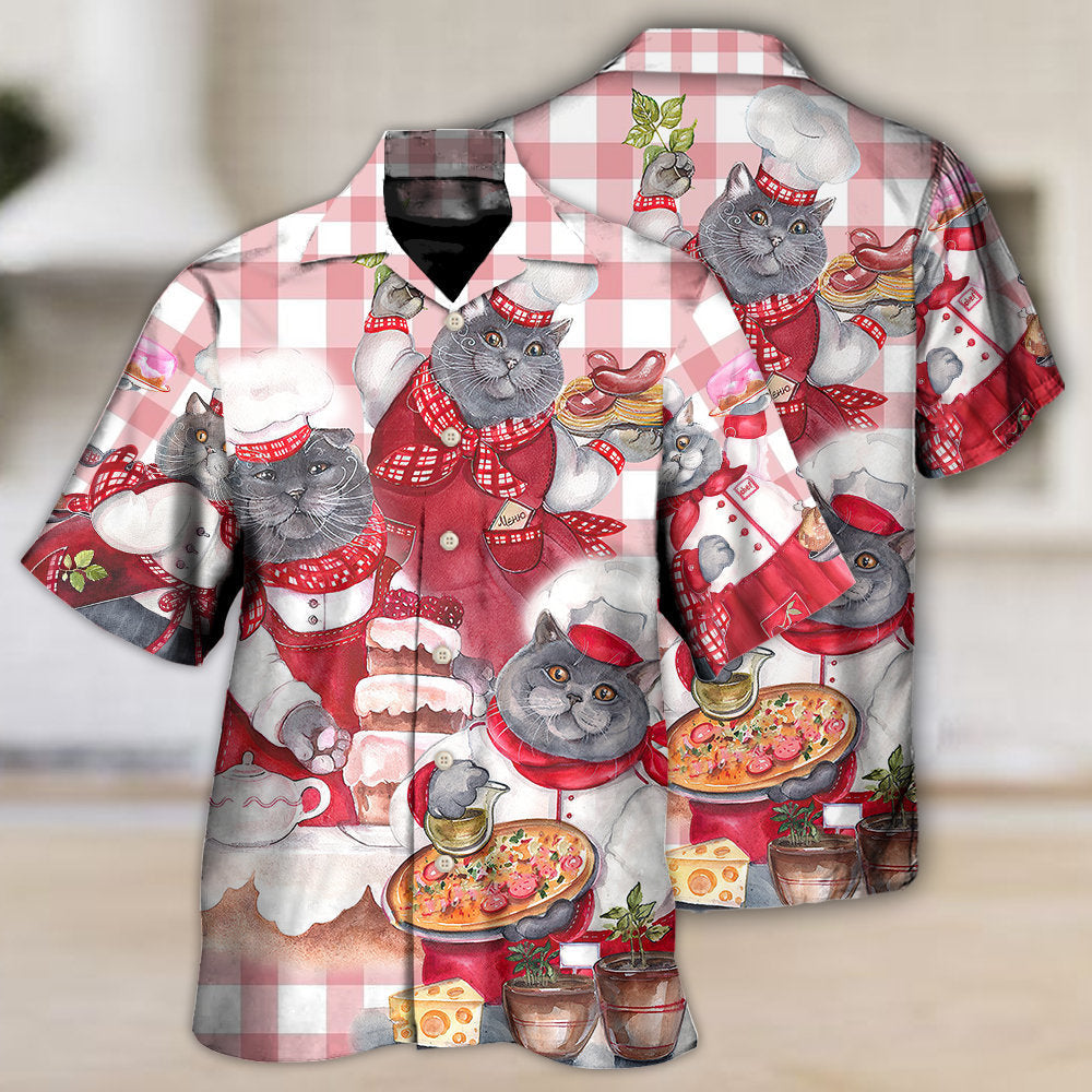 Cute Black Cat Chef Cooking Hawaiian Shirt Pattern Detail For Summer Holidays And Outdoor Fun