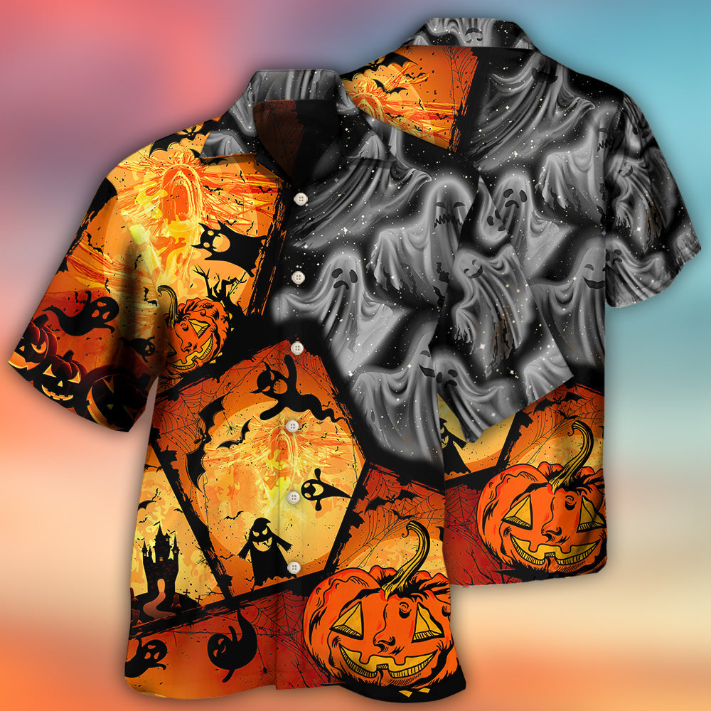 Halloween Spooky Ghost Pumpkin Hawaiian Shirt Front Pattern View For Resort Wear