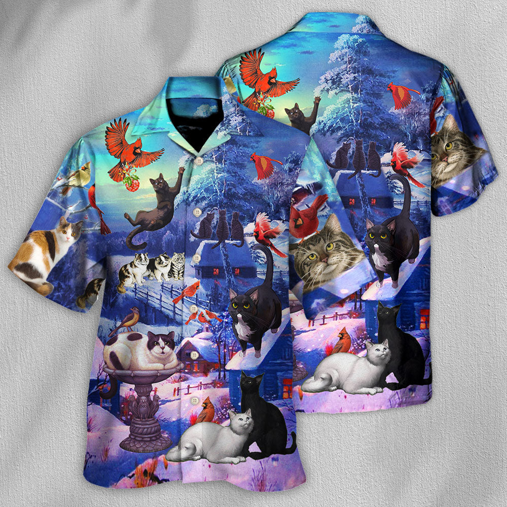 Cats Watching Cardinal Birds Hawaiian Shirt For Summer Vacation Beach Travel And Relaxed Casual Wear