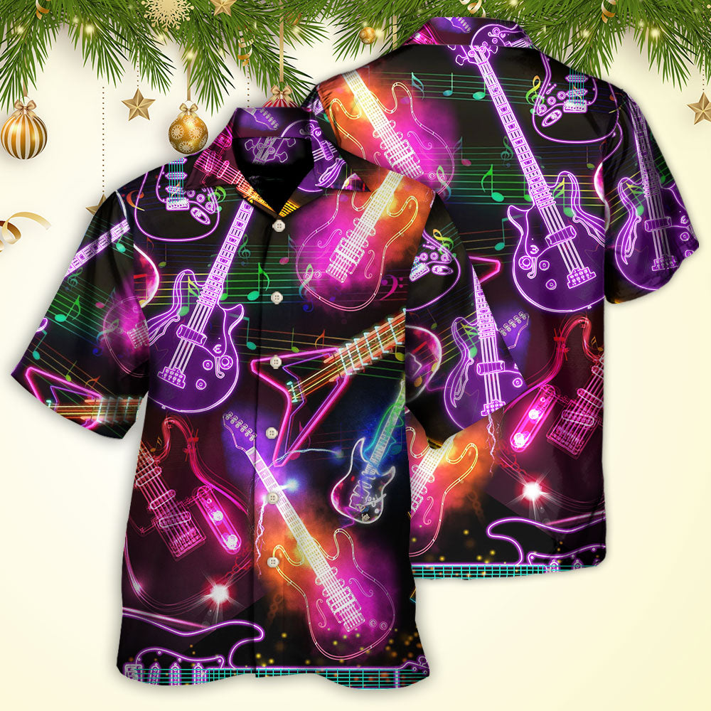 Christmas Neon Guitar Hawaiian Shirt With Detailed Graphic For Tropical Holiday Resort Parties And Everyday Style