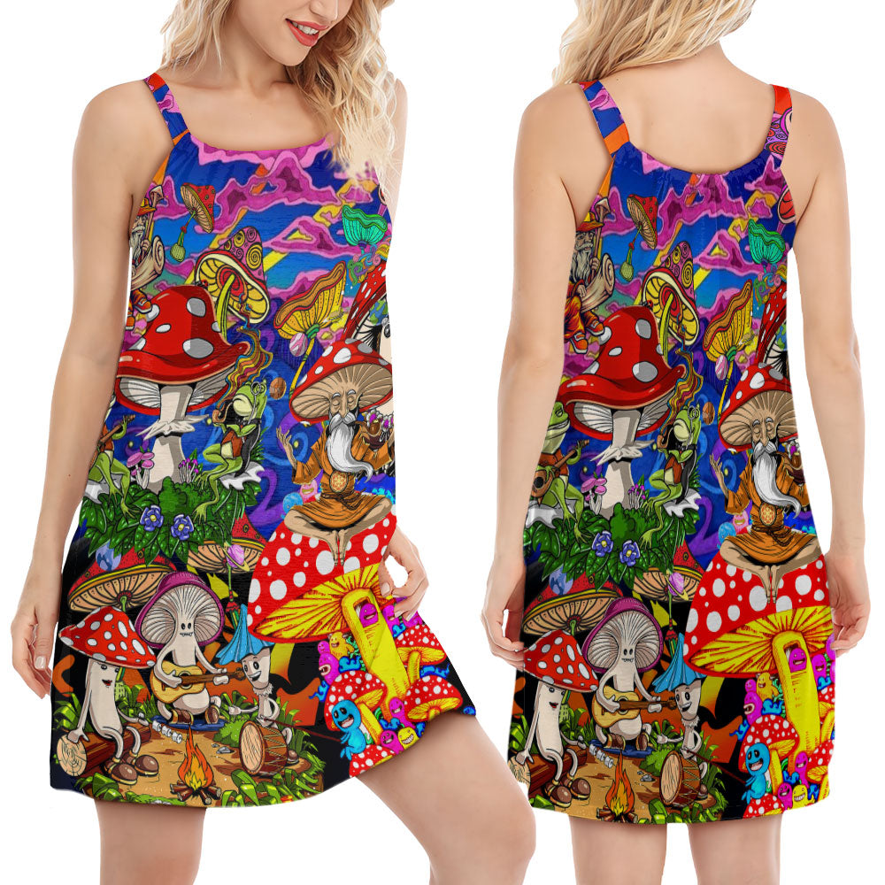 Hippie Mushroom Joyful Companions V-Neck Sleeveless Cami Dress For Beach Travel And Free Spirited Outfits