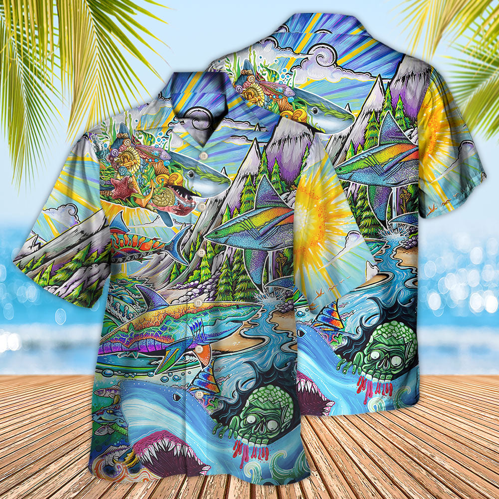Bohemian Colorful Shark Peace Hawaiian Shirt For Summer Vacation And Beach Travel