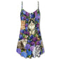 Lovely Cat Purple Flowers V-Neck Sleeveless Cami Dress For Festivals Travel And Relaxed Casual Summer Wear