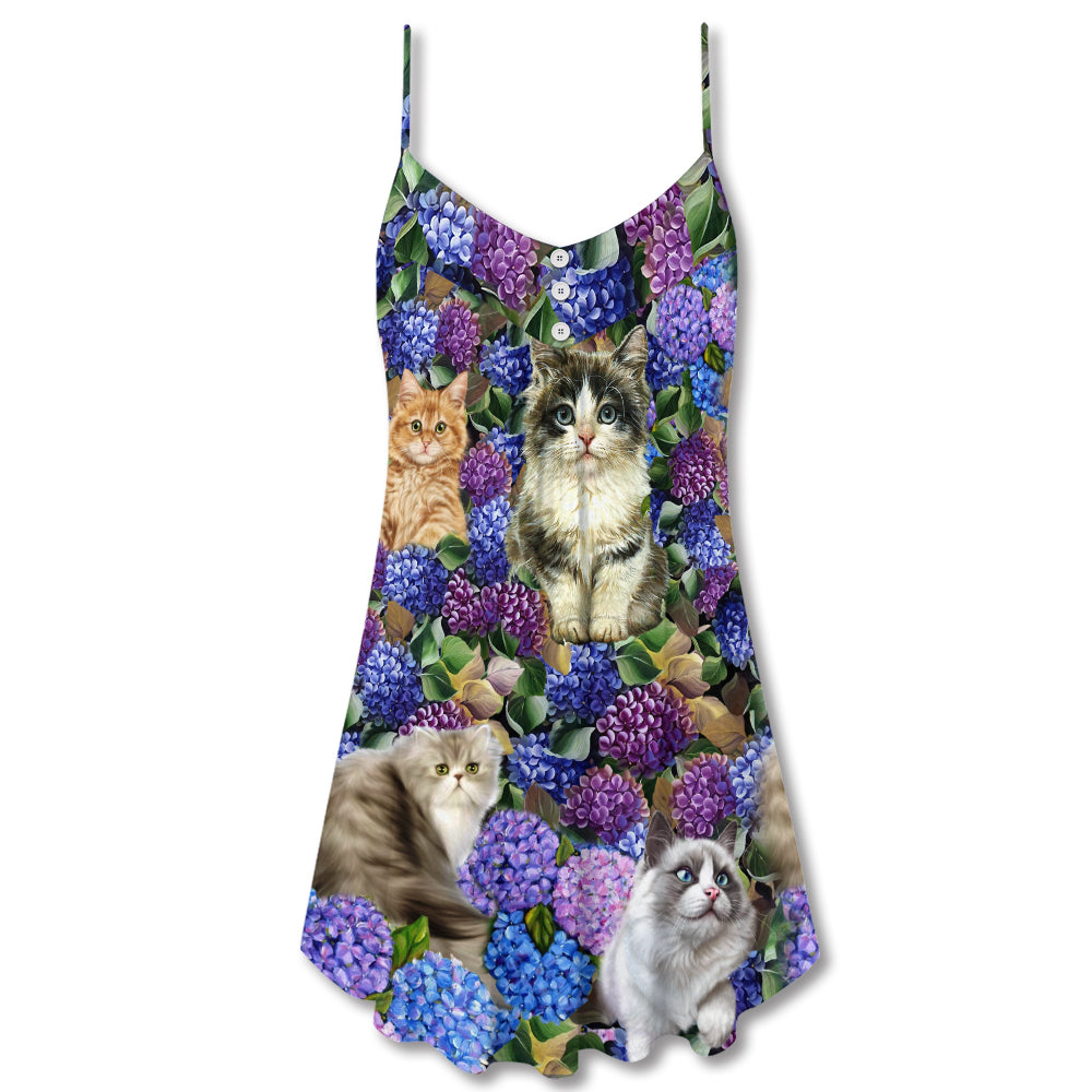 Lovely Cat Purple Flowers V-Neck Sleeveless Cami Dress For Festivals Travel And Relaxed Casual Summer Wear