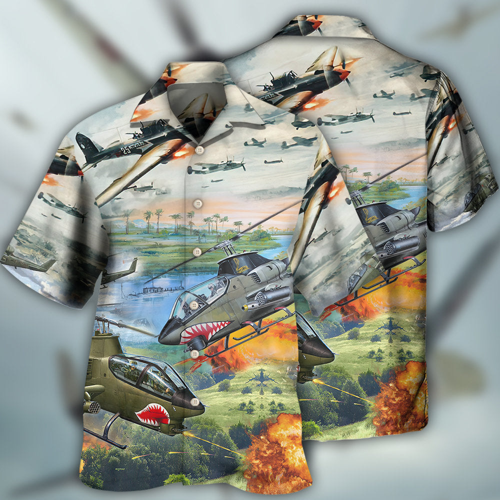 Military Creative Pattern Hawaiian Shirt Collar And Front View For Weekend Trips