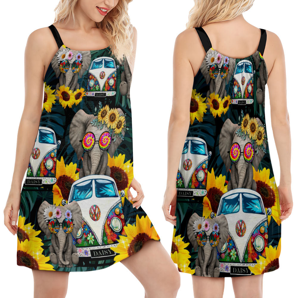 Hippie Elephant Camping Adventure V-Neck Sleeveless Cami Dress For Beach Travel And Free Spirited Outfits