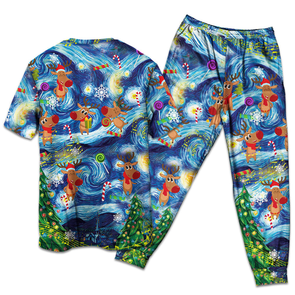Happy Dancing Reindeer Christmas Short Sleeve Pajamas Set For Christmas Mornings And Relaxed Lounging