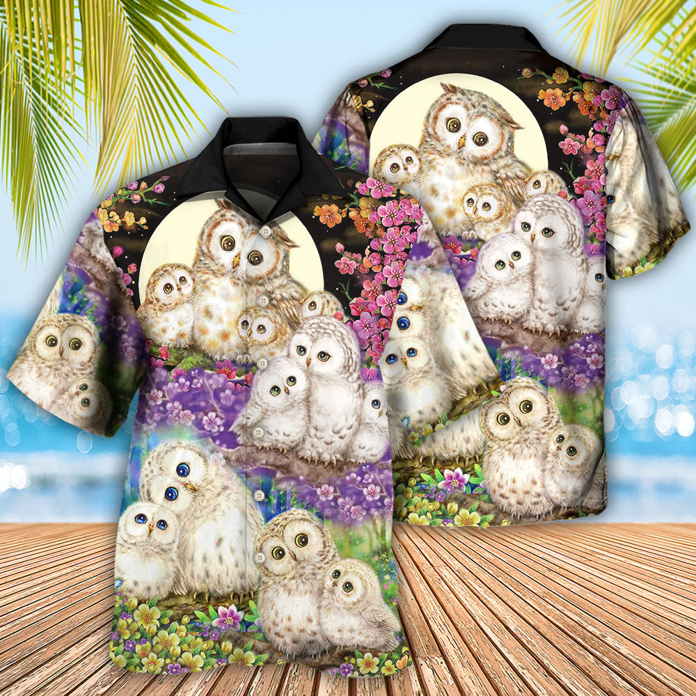 Floral Owl Family Hawaiian Shirt Detailed Pattern View For Summer Travel