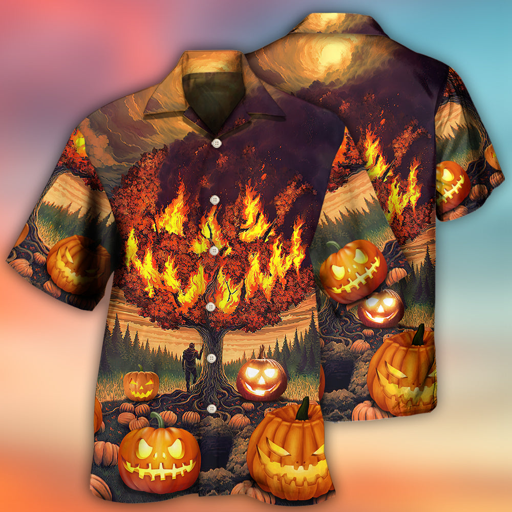 Halloween Burning Pumpkin Crazy Hawaiian Shirt Button Front Artwork For Weekend Trips