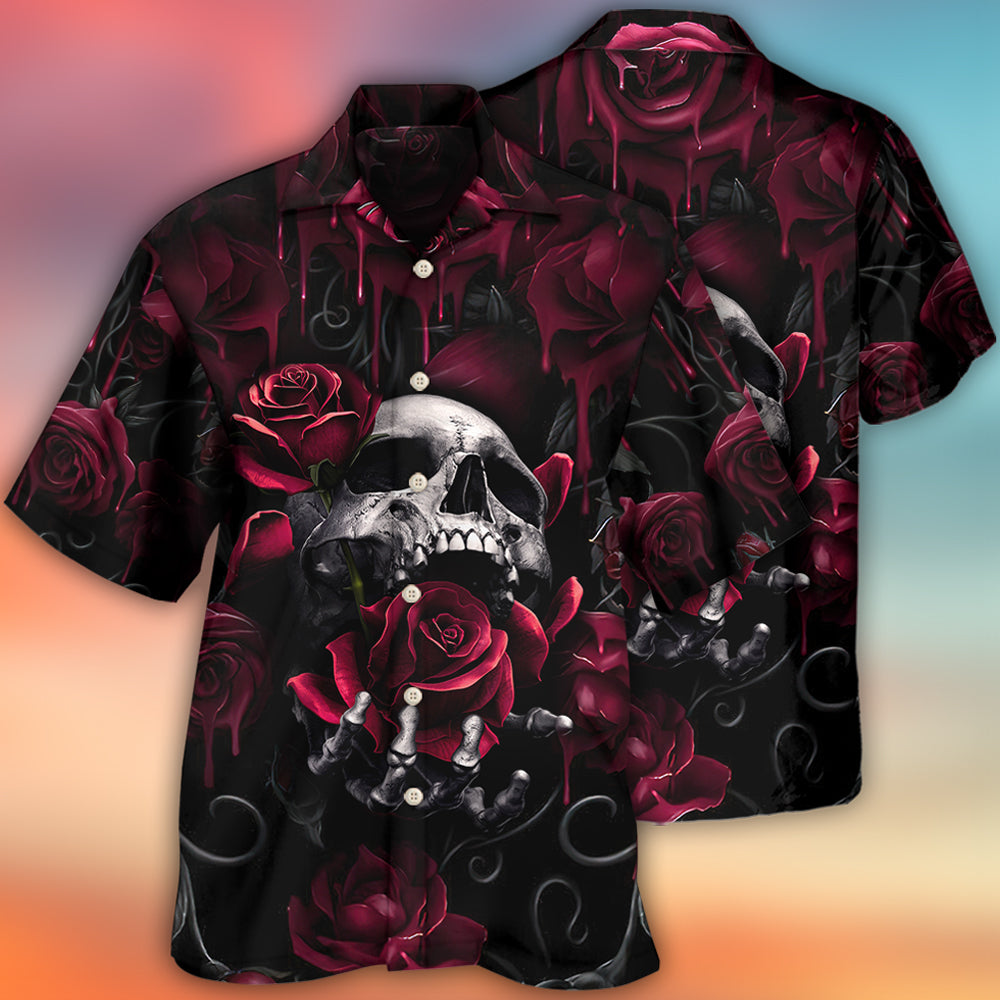 Dark Skull Rose Blood Screaming Hawaiian Shirt Pattern Detail For Vacation Travel And Daily Wear