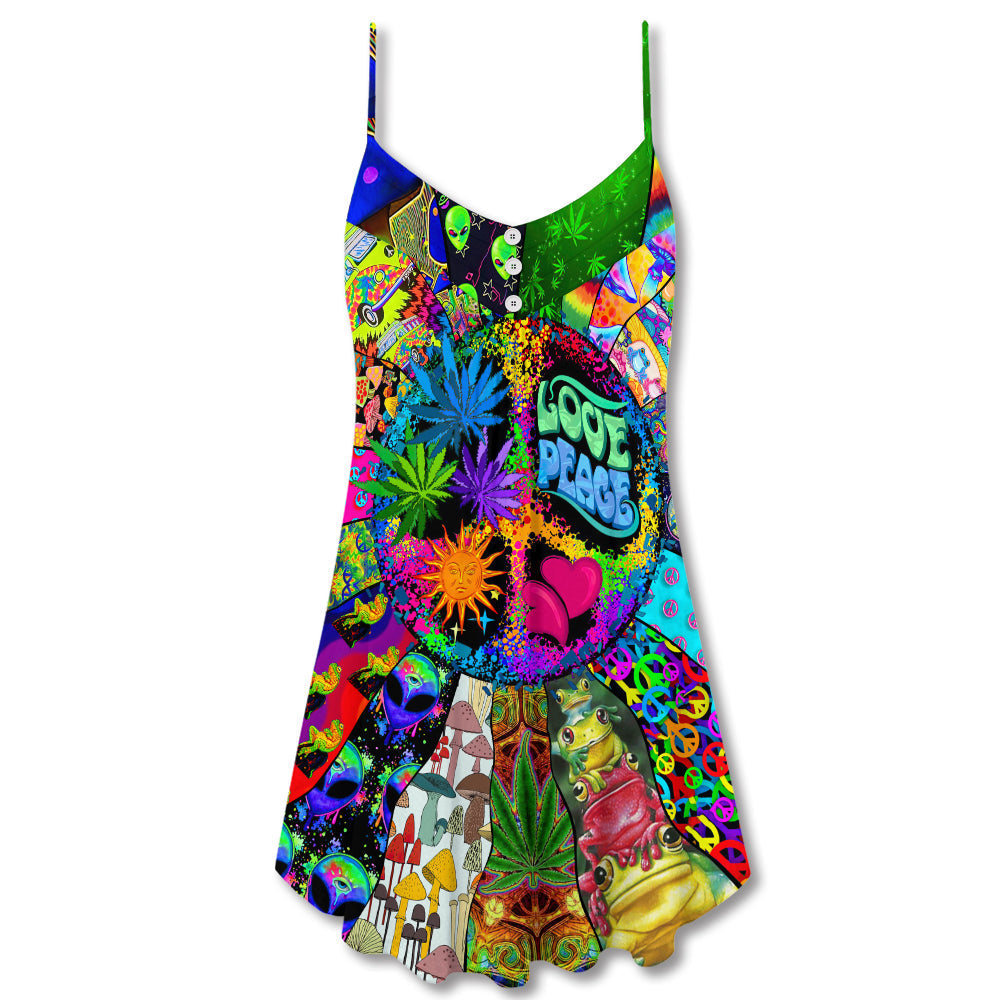 Hippie Alien Frogs Peace Love V-Neck Sleeveless Cami Dress For Festivals Vacations And Relaxed Artistic Styling