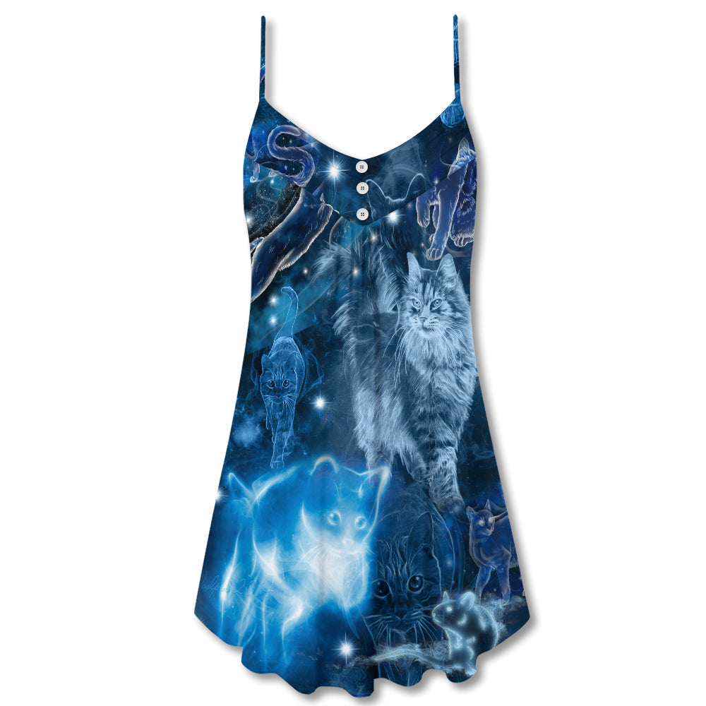 Blue Neon Cat Love V-Neck Sleeveless Cami Dress For Animal Lovers Beach Trips And Relaxed Everyday Wear