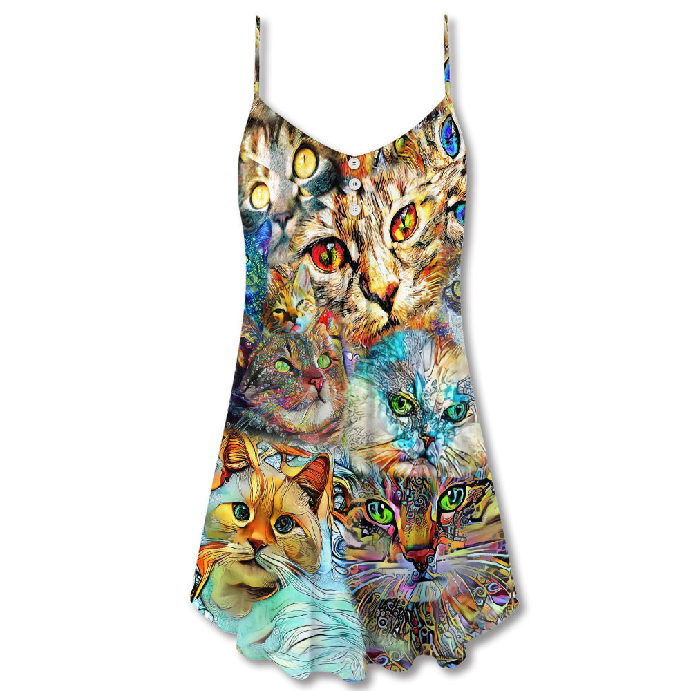 Real Love For Cats V-Neck Sleeveless Cami Dress For Summer Vacations Festivals And Playful Casual Styling