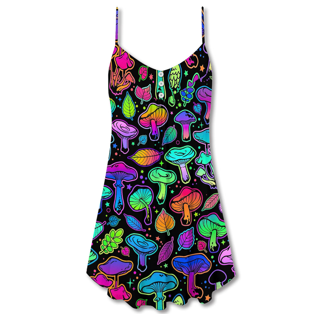 Neon Colorful Mushroom Leaf V-Neck Sleeveless Cami Dress For Festivals Vacations And Relaxed Artistic Styling