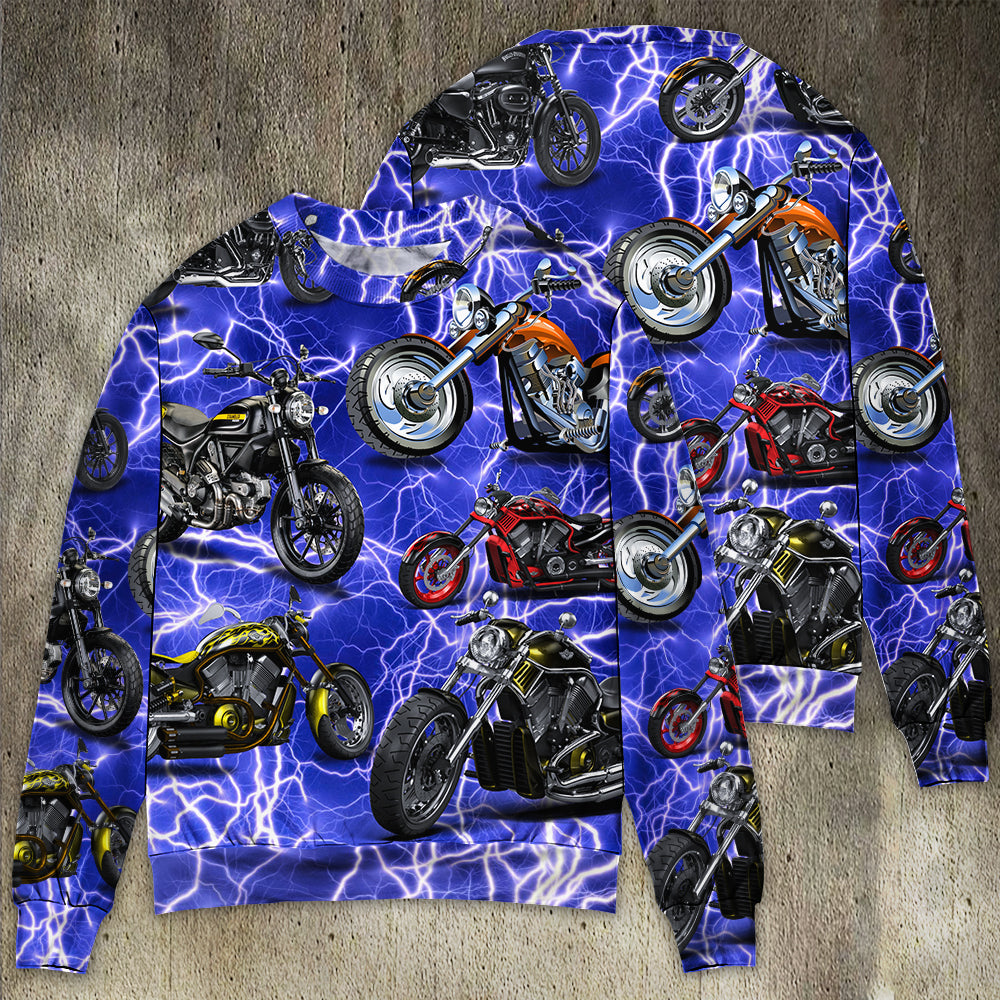 Motorcycle Lightning Blue Sweater For Vehicle Lovers Holidays Weekend Trips And Comfortable Wear