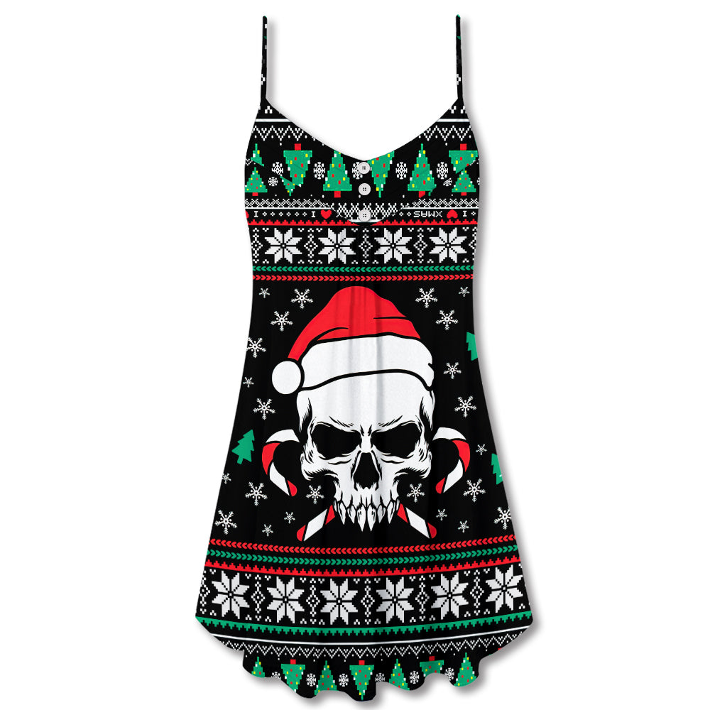 Christmas Skull Santa Hat Candy V-Neck Sleeveless Cami Dress For Festivals Travel And Relaxed Casual Summer Wear