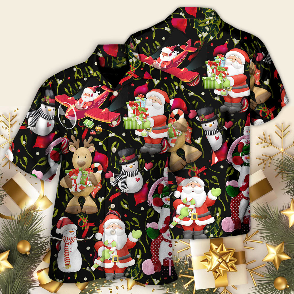 Festive Cheerful Christmas Santa Snowman Hawaiian Shirt All Over Print Detail For Casual Outings