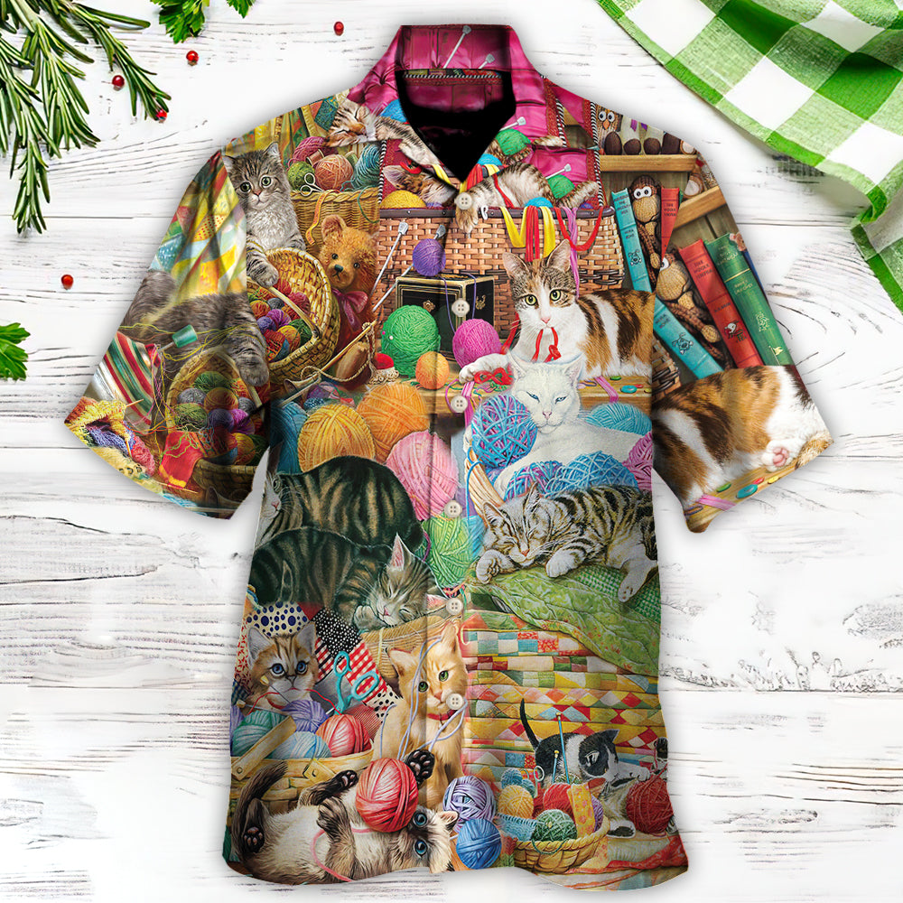 Cat Knitting Kinda Hawaiian Shirt Graphic Artwork Detail For Summer Travel