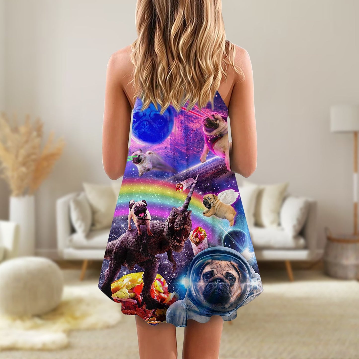 Pug Galaxy Rainbow Fun Style V-Neck Sleeveless Cami Dress For Pride Parties Festivals And Sunny Summer Getaways