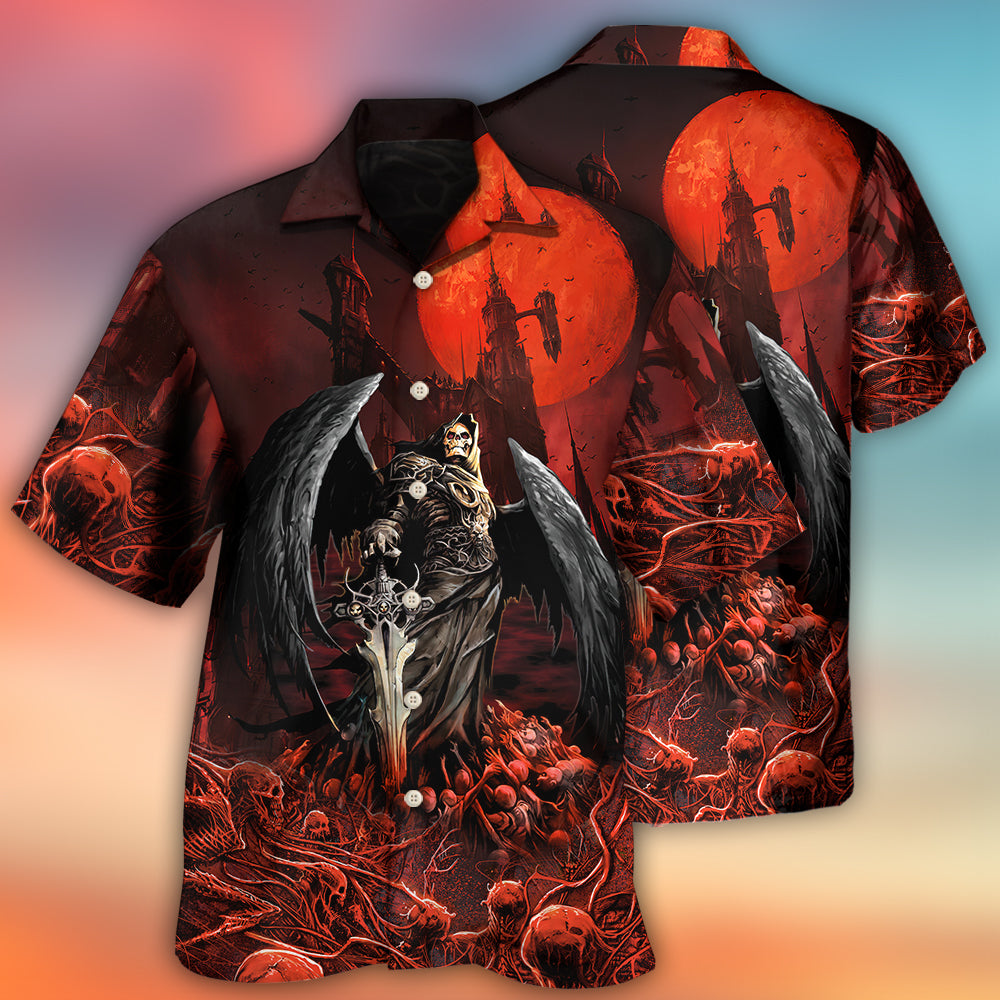 Halloween Spooky Dark Skull Hawaiian Shirt Detailed Pattern View For Coastal Travel