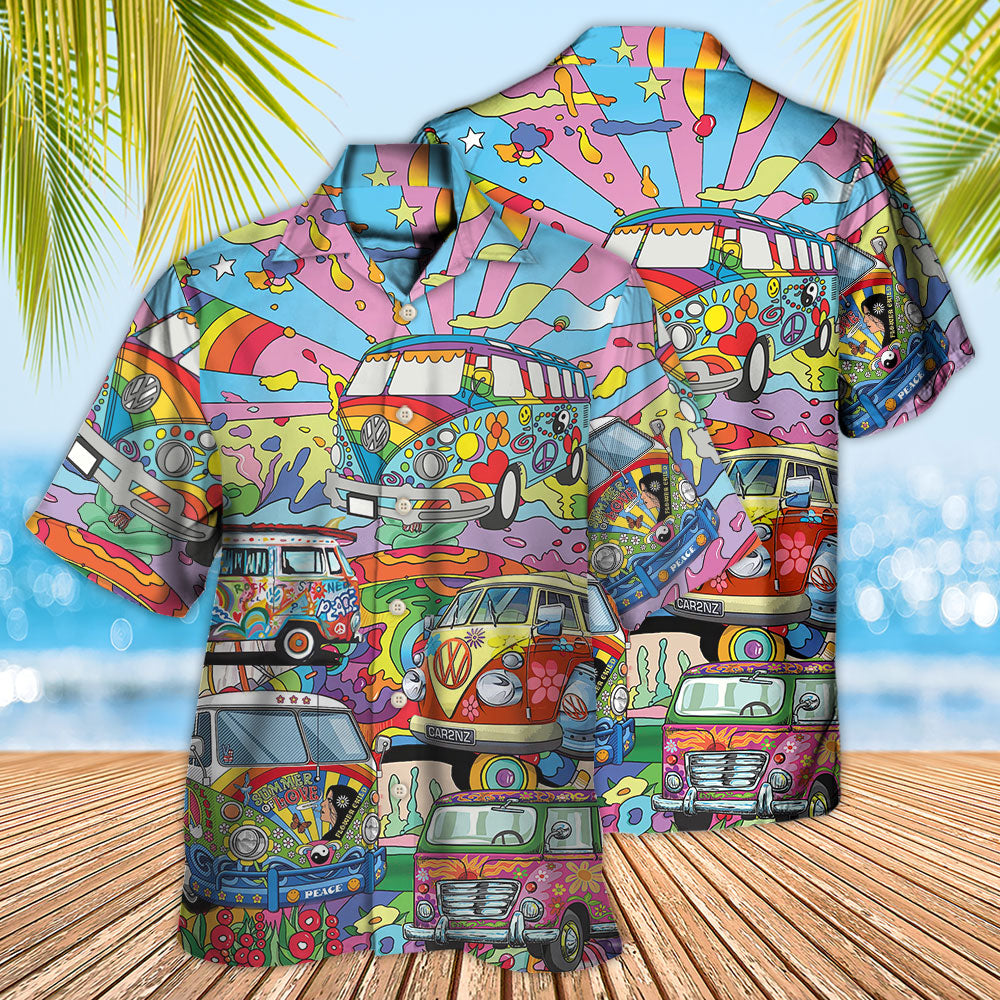 Bohemian Colorful Van Peace Hawaiian Shirt Pattern View For Relaxed Warm Weather Outfits