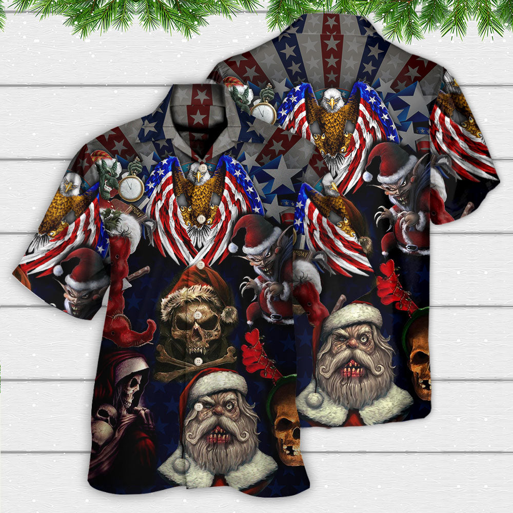 Skull Christmas USA Eagle Flag Skeleton Hawaiian Shirt Artwork Detail For Tropical Trips And Casual Outings