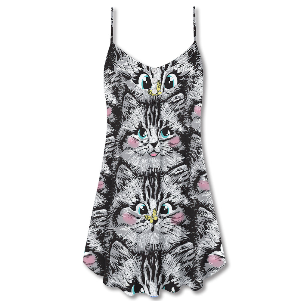 Lovely Cat Cute Kitten V-Neck Sleeveless Cami Dress For Vacations Outdoor Events And Cheerful Casual Fashion