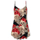Gothic Skull Rose Raven V-Neck Sleeveless Cami Dress For Bold Summer Events Vacations And Artistic Casual Style