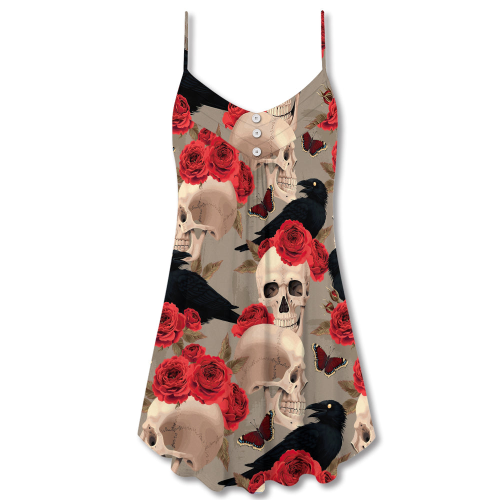 Gothic Skull Rose Raven V-Neck Sleeveless Cami Dress For Bold Summer Events Vacations And Artistic Casual Style