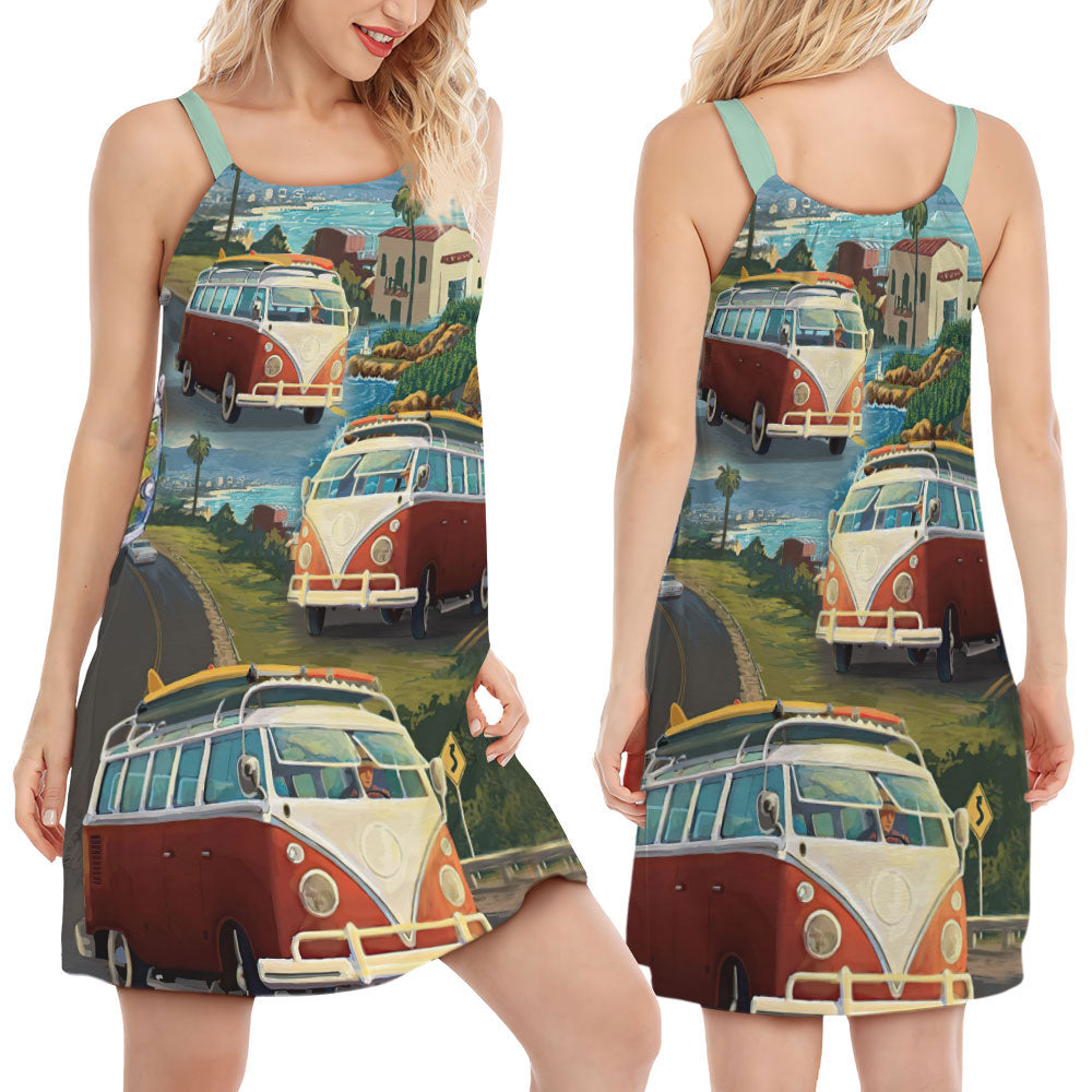 Hippie Van Life Love Beach V-Neck Sleeveless Cami Dress For Beach Travel And Free Spirited Outfits