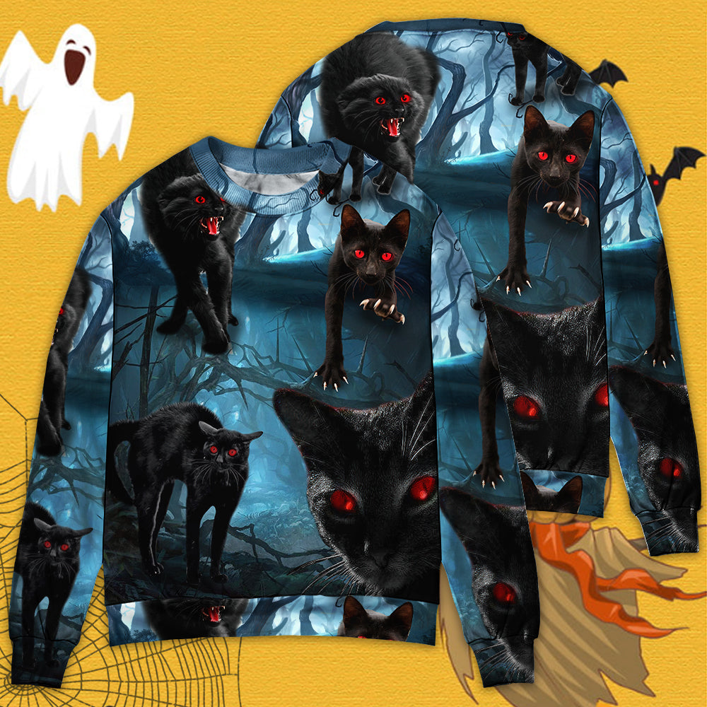 Halloween Black Cat Spooky Sweater For Art Lovers Holidays Parties And Comfortable Wear