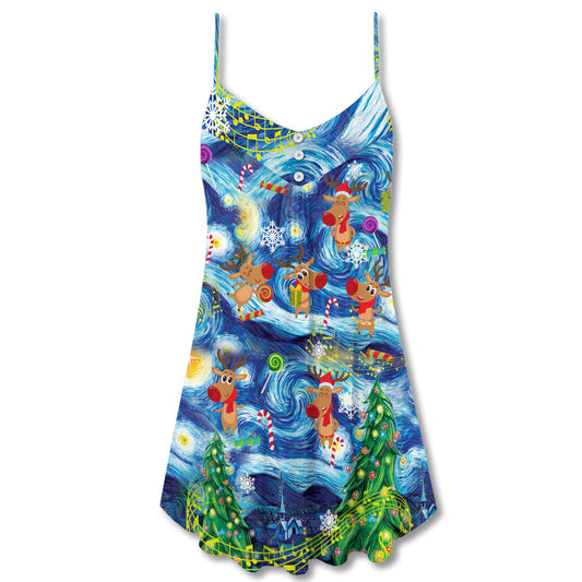 Christmas Dancing Reindeer Joy V-Neck Sleeveless Cami Dress For Festivals Travel And Relaxed Casual Summer Wear