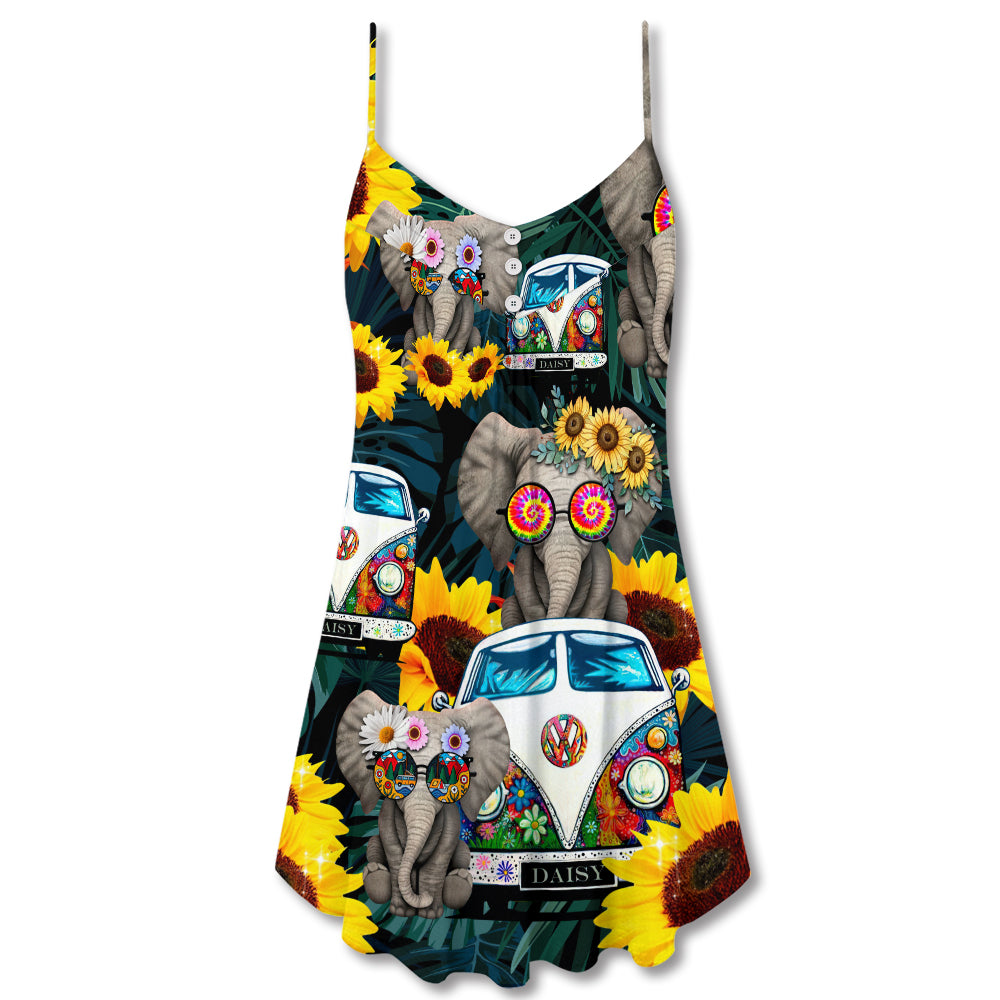 Hippie Elephant Camping Vibes V-Neck Sleeveless Cami Dress For Summer Events And Comfortable Everyday Style