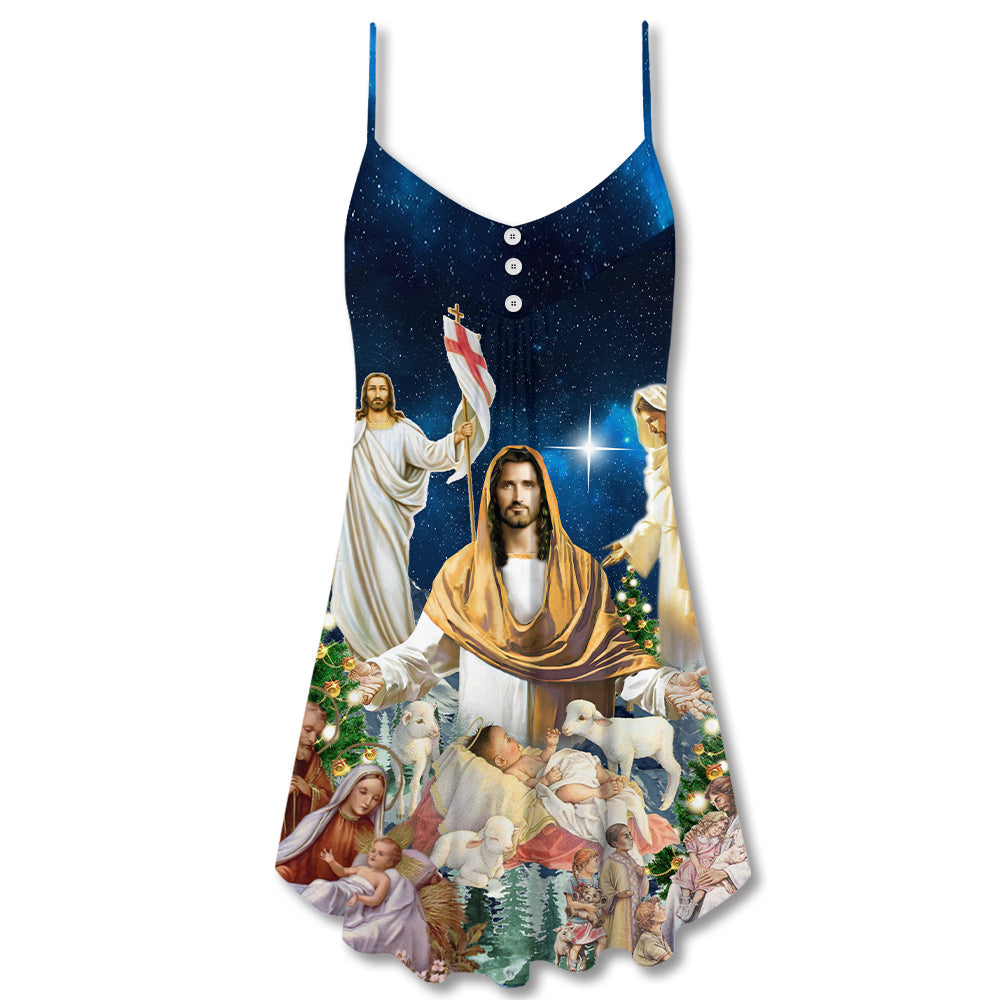 Christmas Jesus Miracle Night V-Neck Sleeveless Cami Dress For Festive Events And Casual Summer Styling