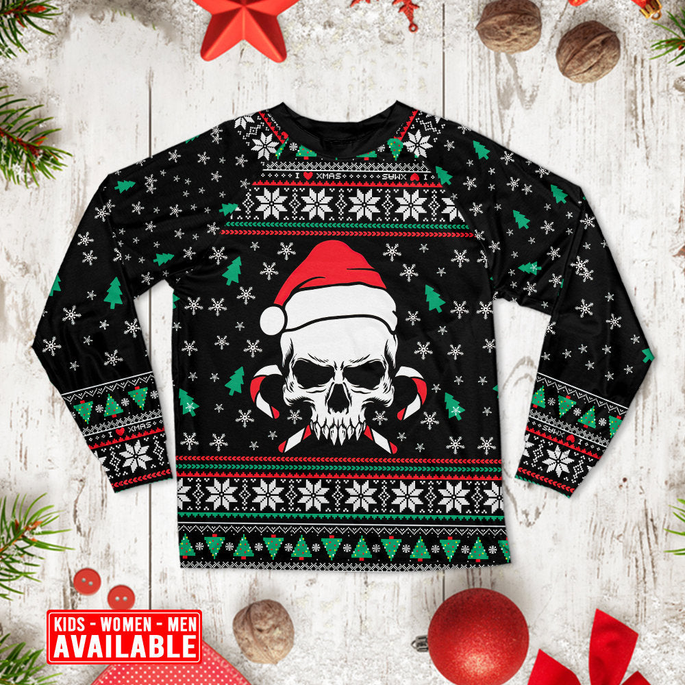 Skull In Santa Hat With Holiday Candy Long Sleeve Pajamas Set For Christmas Mornings And Relaxed Lounging
