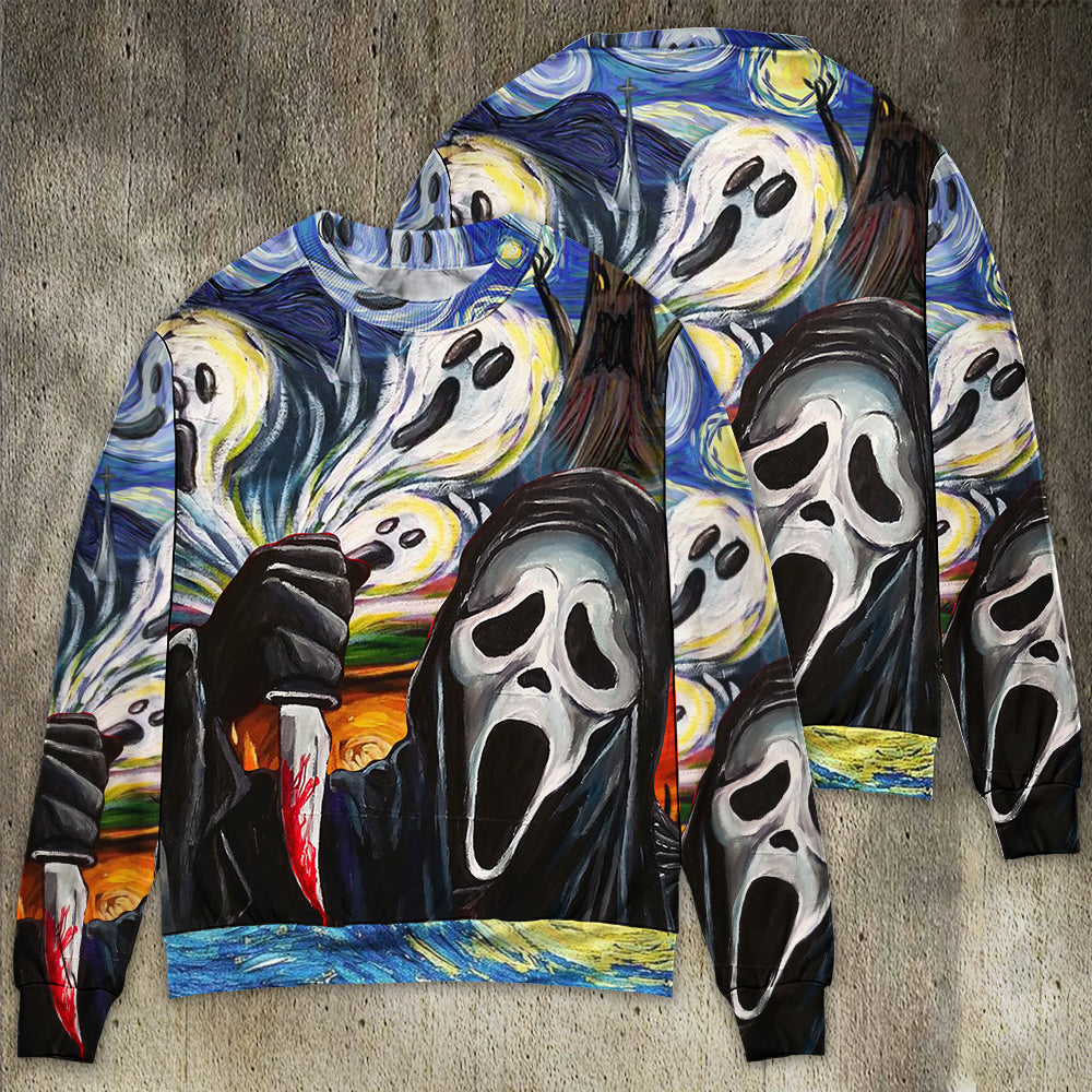 Halloween Ghost Starry Night Sweater For Art Fans Travel Parties And Distinctive Casual Style