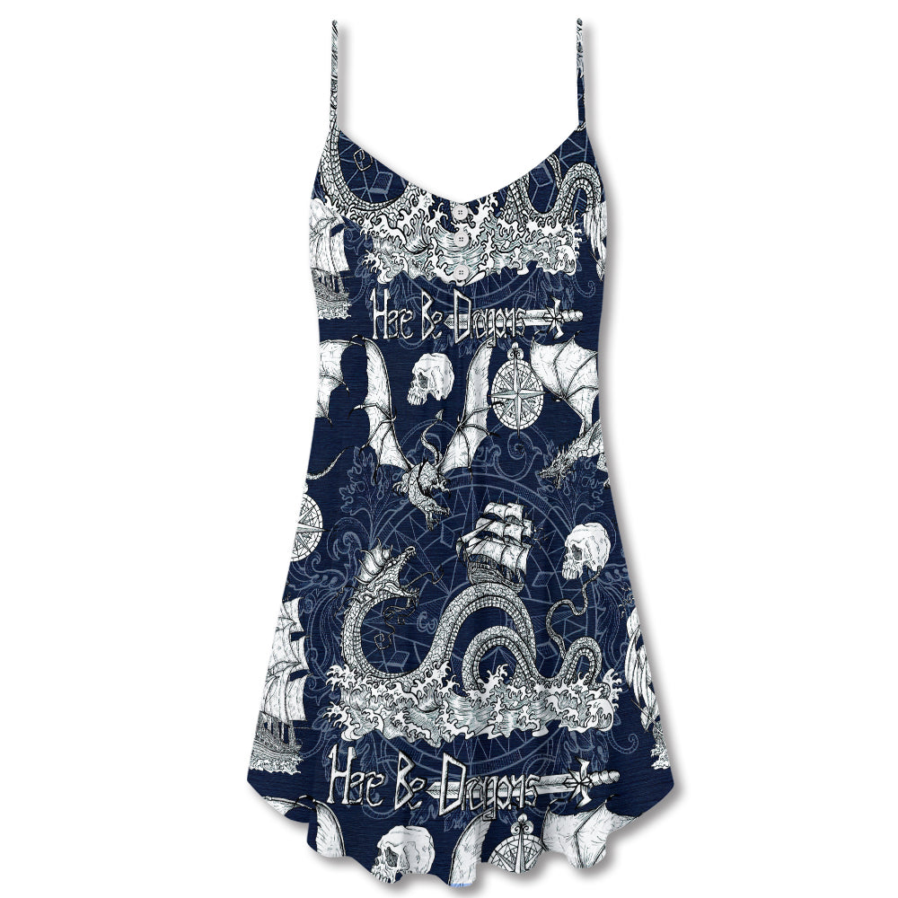 Dragon With Skull Vintage Sea Ship V-Neck Sleeveless Cami Dress For Summer Events And Comfortable Everyday Style
